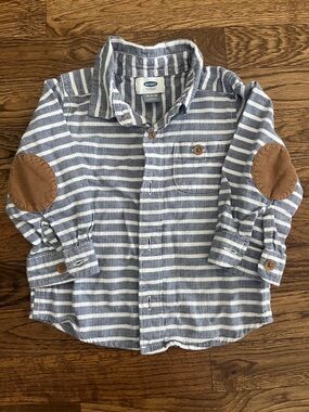 Old Navy Blue and White Striped Button-Up Shirt with Brown Elbow Patches